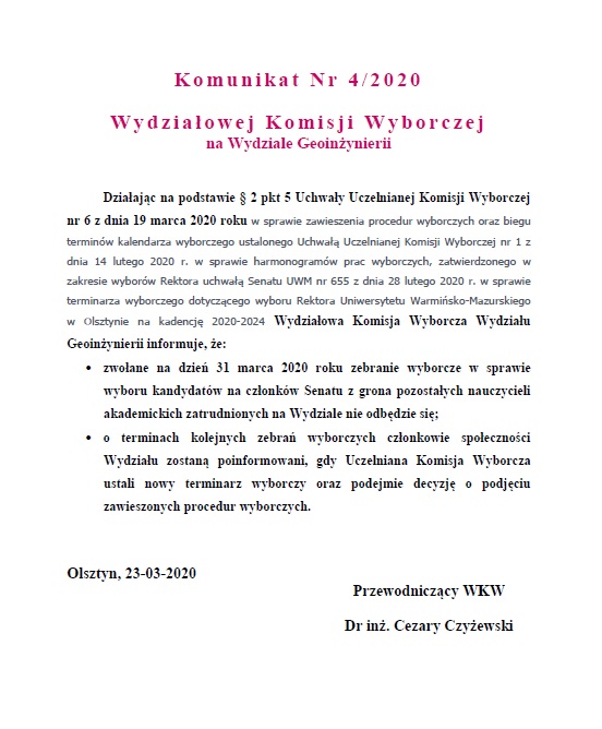 Komunikat Wydziałowej Komisji Wyborczej, odwołanie zabrania wyborczego zaplanowanego w dniu 31.03.2020 r.