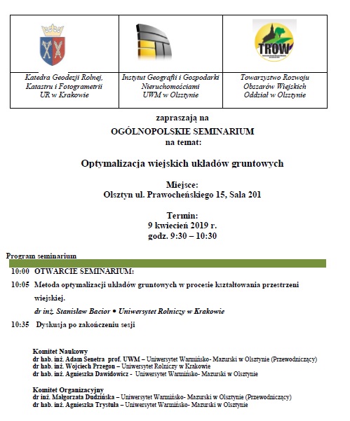 Ogólnopolskie seminarium nt. Optymalizacja wiejskich układów gruntowych, Olsztyn WGIPB 9.04.2019 r.